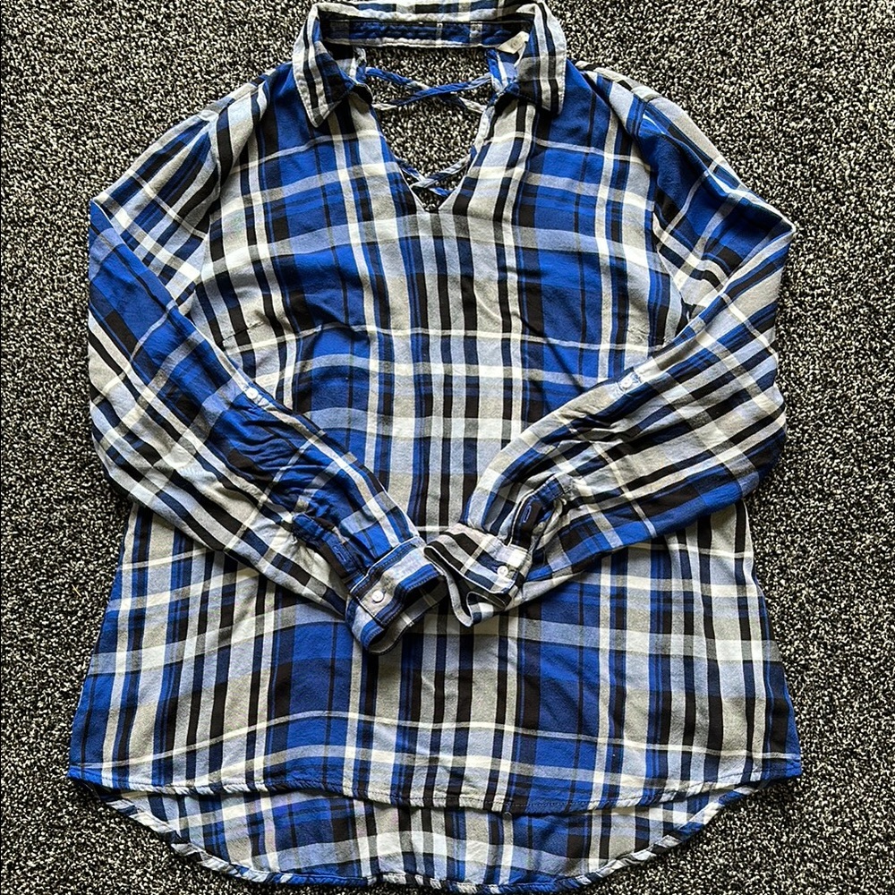 Women's Blue Plaid Lace-Up Tunic Top by EST. 1948 Rayon Long Sleeve Fall Shirt L